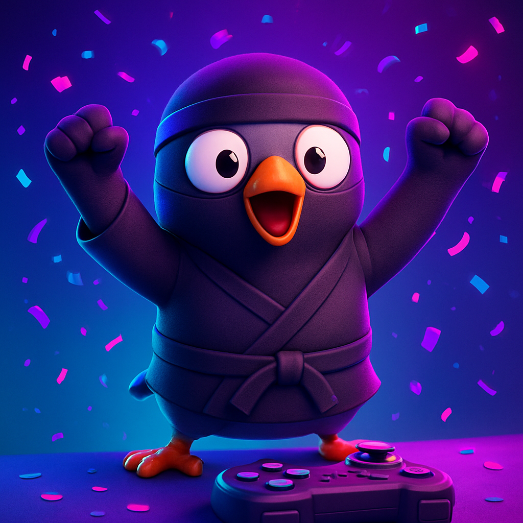 Pombo ninja comemorando vitória com confete